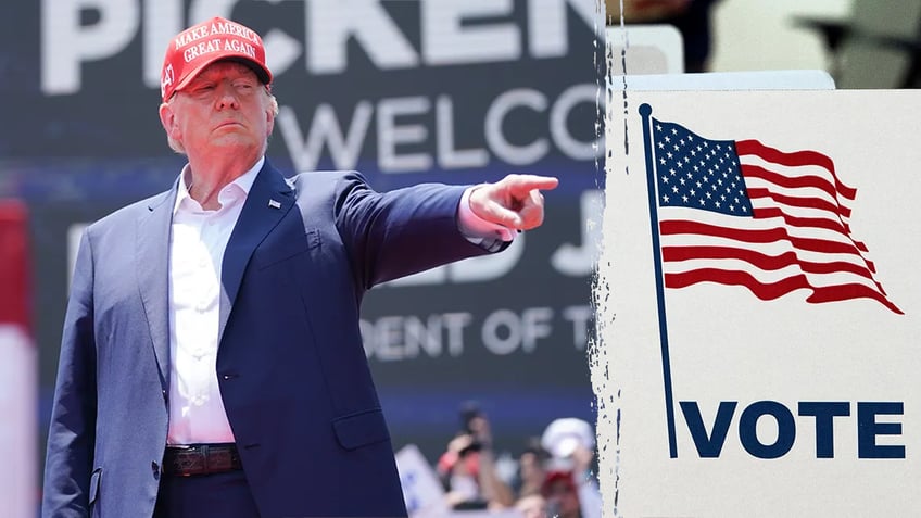 Donald Trump beside a voting booth