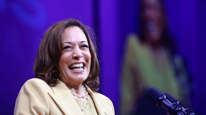 Vice President Kamala Harris gets a warm welcome as she takes the stage at the 20th Quadrennial Convention of the Women's Missionary Society of the African Methodist Episcopal (AME) Church on Aug, 1, 2023, in Orlando, Florida. (Joe Burbank/Orlando Sentinel/Tribune News Service via Getty Images)