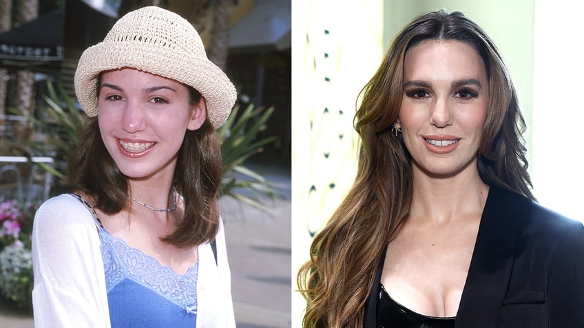 Christy Carlson Romano as a teen in a purple lace tank top and sweater and crochet hat split Christy Carlson Romano in a black top and blazer now
