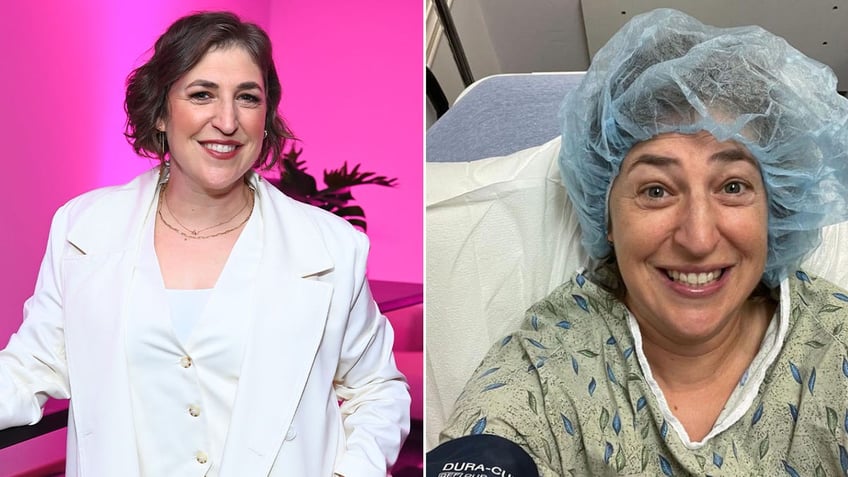 A split image of Mayim Bialik at an event and at a hospital