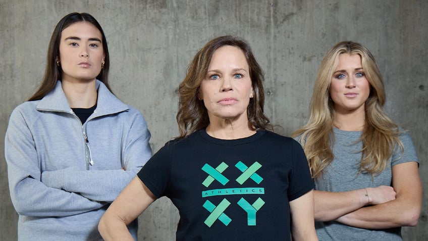 Jennifer Sey with brand ambassadors Paula Scanlan (L) and Riley Gaines (R)