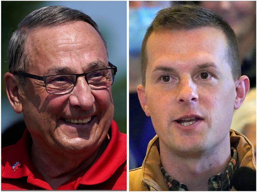 This photo combo shows Rep. Jared Golden, D-Maine, speaking at a news conference, Nov. 1,