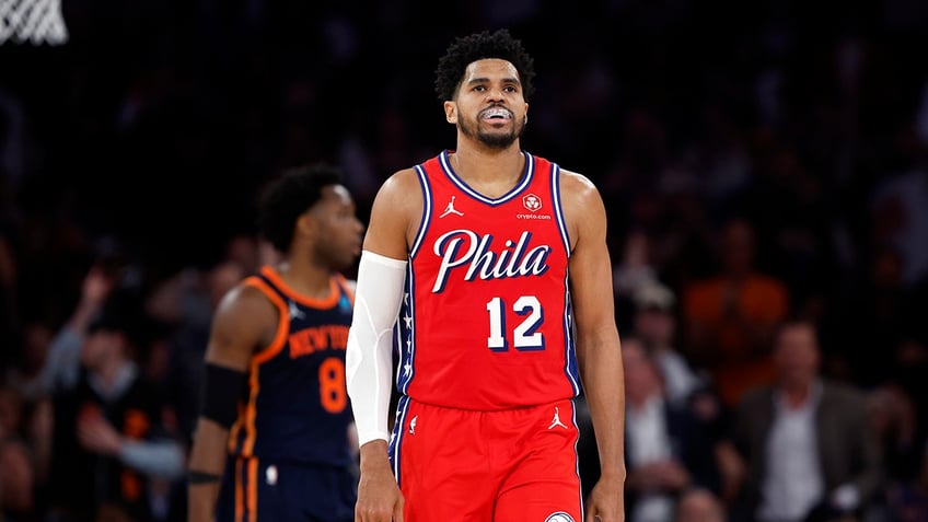 Tobias Harris chews on mouthguard