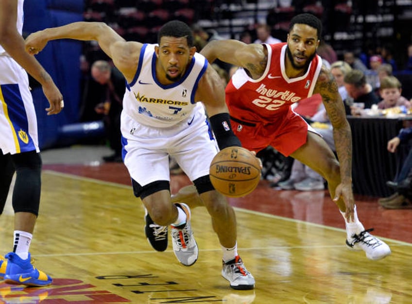 Darius Morris of the Santa Cruz Warriors handles the ball against Tarik Phillip of the Memphis Hustle at Landers Center in an NBA G-League game on...