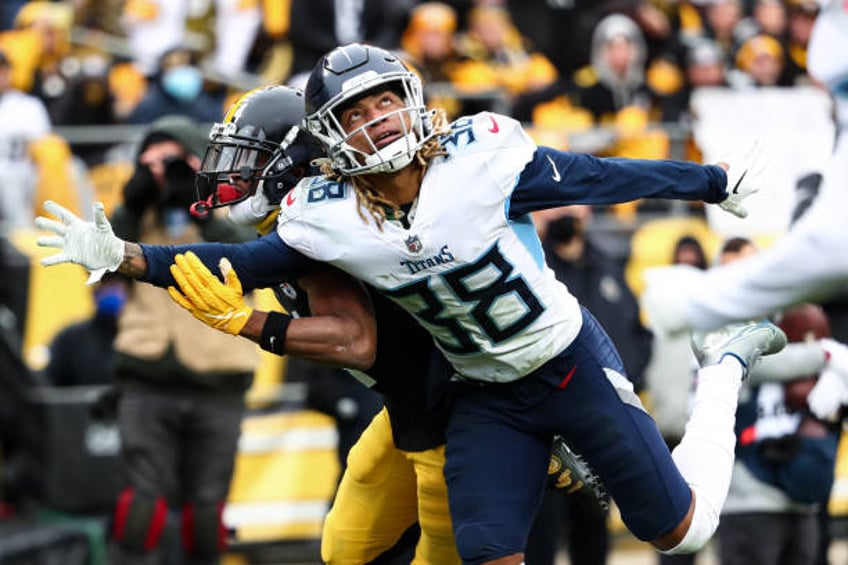 Buster Skrine of the Tennessee Titans covers Ray-Ray McCloud of the Pittsburgh Steelers during an NFL game at Heinz Field on December 19, 2021 in...