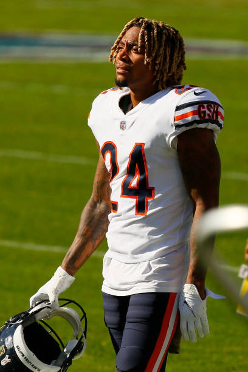 Buster Skrine of the Chicago Bears watches from the sideline during a game against the Tennessee Titans at Nissan Stadium on November 08, 2020 in...