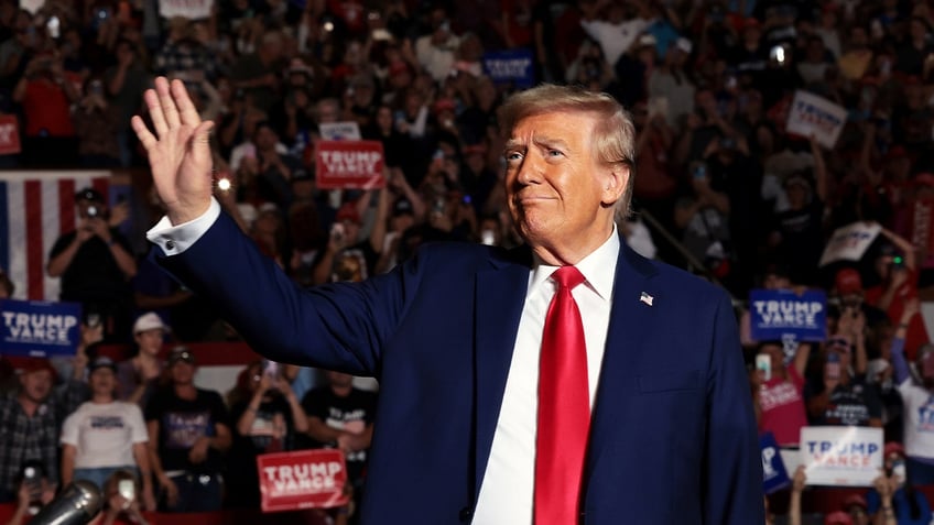 GREENVILLE, NORTH CAROLINA - OCTOBER 21: Republican presidential nominee, former U.S. President Donald Trump, speaks during a campaign rally at Williams Arena at Minges Coliseum on October 21, 2024 in Greenville, North Carolina. (Photo by Win McNamee/Getty Images)