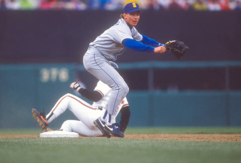 Mike Brumley of the Seattle Mariners in action against the Baltimore Orioles during a Major League Baseball game circa 1990 at Memorial Stadium in...