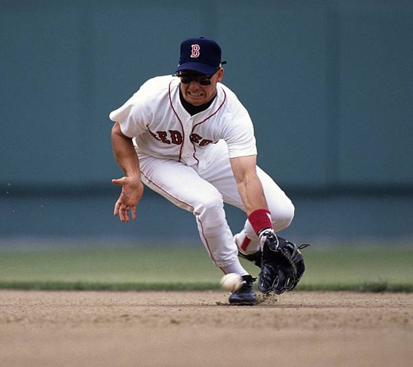 Mike Brumley of the Boston Red Sox fields a ball during a game against the Baltimore Orioles on June 1, 1991 in Boston, Massachusetts.