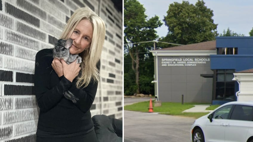 Split image of Ruziscka holding chinchilla and Springfield Local Schools building