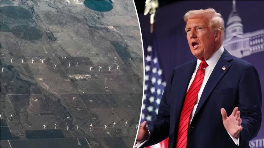 windmill farm seen from air, left; Trump at right