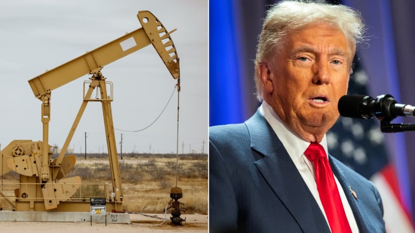 oil derrick at left; right: Donald Trump