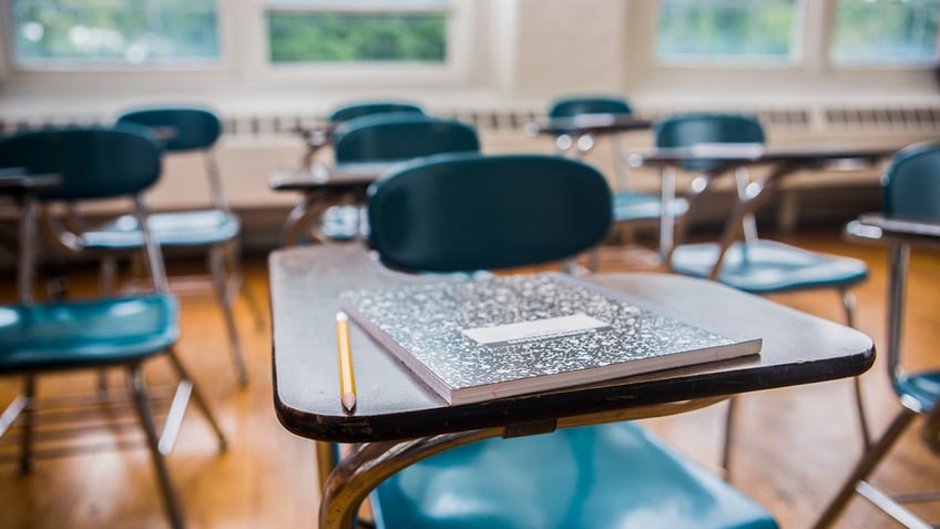 classroom with empty desks stock image