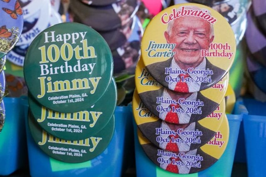 Buttons celebrating former US president Jimmy Carter's birthday are seen at the Plains Pea