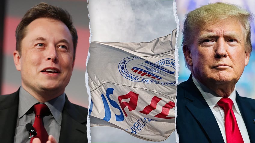 Elon Musk, USAID flag, Trump in photo split