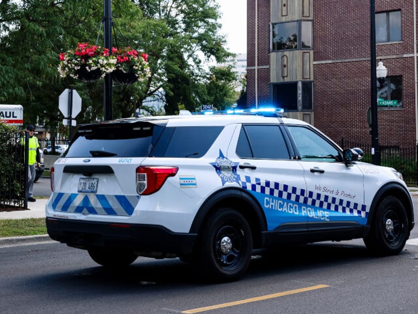 A Chicago Police vehicle outside the United Center ahead of the Democratic National Conven