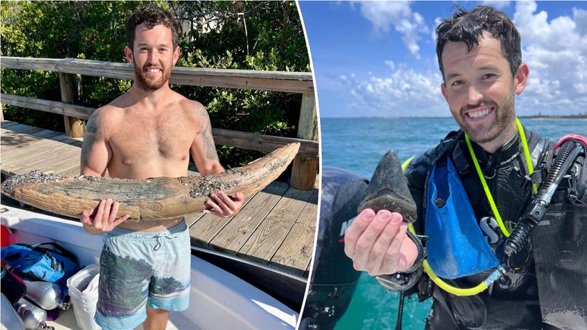 Rounded split image of Lundberg holding tusk and Lundberg holding another fossil