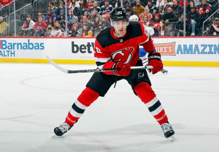 Michael McLeod #20 of the New Jersey Devils skates against the Montreal Canadiens at Prudential Center on January 17, 2024 in Newark, New Jersey