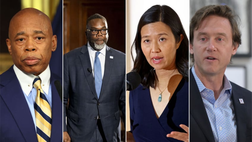 New York City Mayor Eric Adams, Chicago Mayor Brandon Johnson, Boston Mayor Michelle Wu, and Denver Mayor Mike Johnston. (Getty Images)