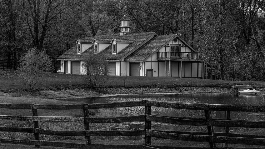 A black and white photo of Fox Hollow Farm