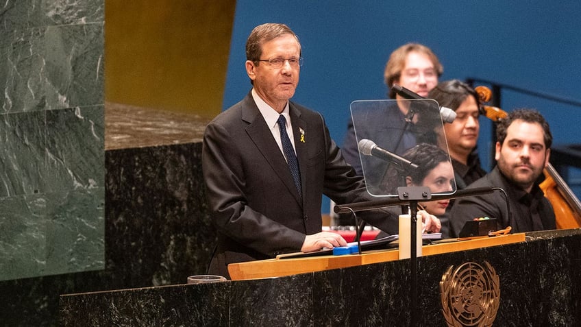 President of State of Israel Isaac Herzog speaks during United Nations General Assembly Holocaust Memorial Ceremony at UN Headquarters in New York on January 27, 2025. (Photo by Lev Radin/Sipa USA)(Sipa via AP Images)