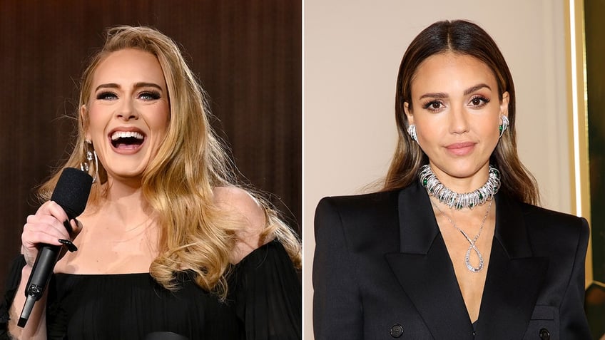 Adele in a black off the shoulder dress laughs on stage holding the microphone split Jessica Alba in a black blazer and large choker necklace poses on the carpet