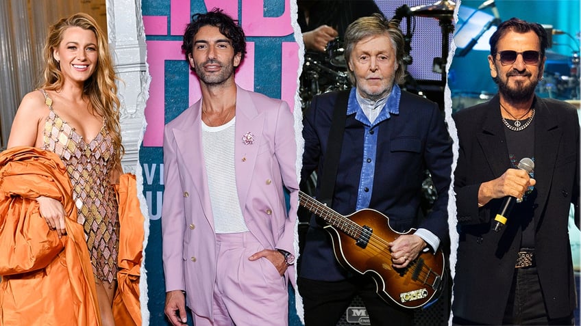 Blake Lively smiles in a trapezoid chain dress with a big puffy orange wrap split Justin Baldoni wears a two piece baby pink suit on the carpet split Paul McCartney in a navy shirt jacket plays the guitar on stage split Ringo Starr wearing a black suit and black sunglasses smiles on stage holding a microphone