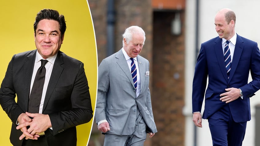 Dean Cain soft smiles in a black suit and tie in front of a yellow back drop split Prince William in a navy suit laughs walking alongside his father King Charles in a grey suit