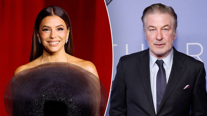 Eva Longoria smiles in a black dress with an oval appliqué split Alec Baldwin looking serious on the carpet in a black suit