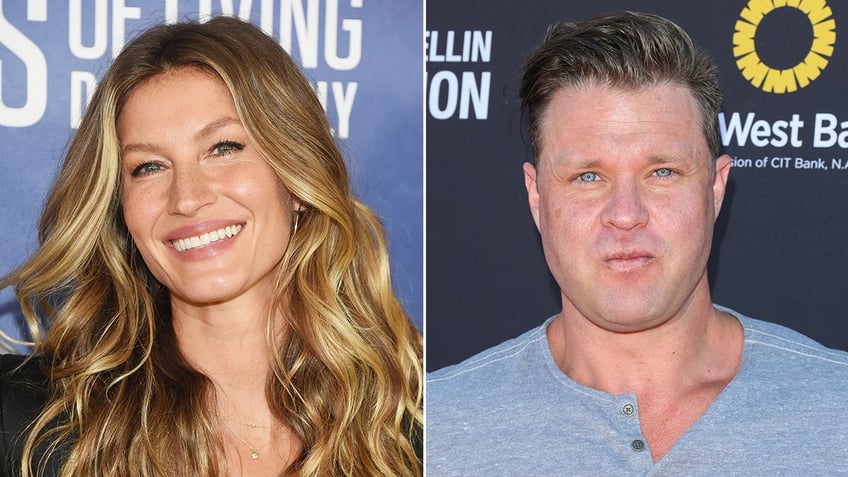 Gisele Bündchen smiles on the carpet with perfectly cured hair Zachery Ty Bryan in a blue partially buttoned shirt on the carpet