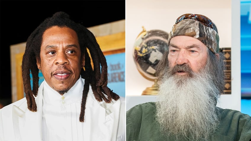 Jay-Z in a white shirt and suit looks to his left on the carpet with thick dreadlocks split Phil Robertson of 'Ducky Dynasty' wears a green shirt and patterned scarf around his head, looking to his right