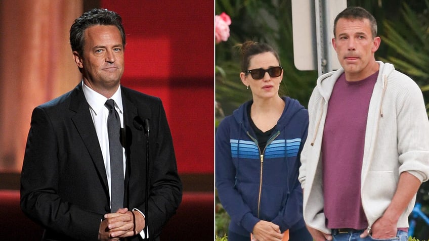 Matthew Perry in a black suit stands on the stage in front of a microphone split Jennifer Garner in a blue sweatshirt stands next to ex-husband Ben Affleck in a white open shirt with a maroon shirt underneath