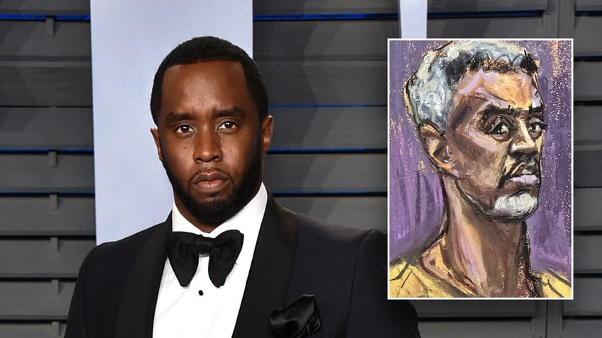 Sean Diddy Combs wears a tuxedo, pictured in court sketch
