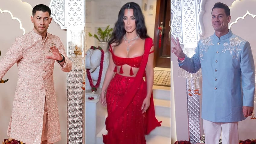 Nick Jonas in a peach Indian outfit split Kim Kardashian in a red dress split John Cena in a blue Indian shirt