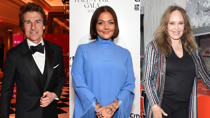 Tom Cruise in a classic tuxedo smiles for a photo split Elle King in a blue dress soft smiles on the carpet split Catherine Bach in a black shirt and sparkly striped jacket