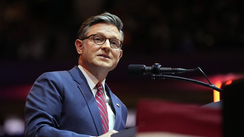 House Speaker Mike Johnson of La., speaks before Republican presidential nominee former President Donald Trump at a campaign rally at Madison Square Garden, Sunday, Oct. 27, 2024, in New York. 