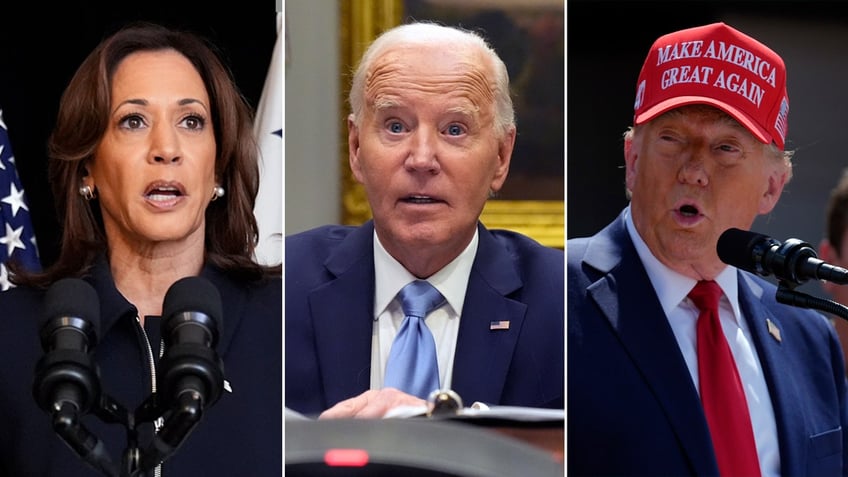 split image: Biden center with Harris, left, and Trump, right