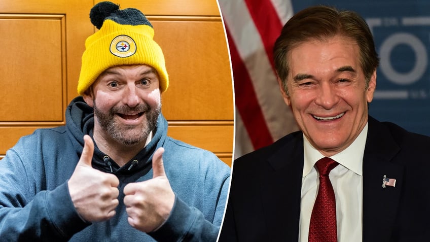 John Fetterman in Steelers beanie, left; Dr. Mehmet Oz, right