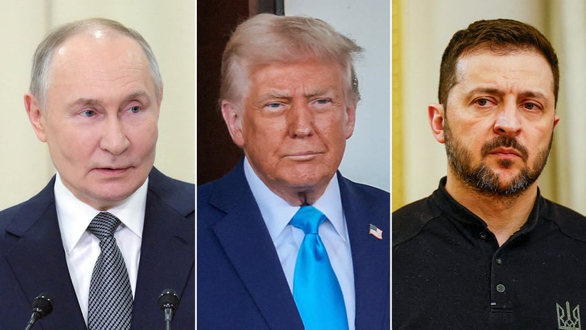 Putin, Trump, and Zelenskyy from left to right in 3-way split