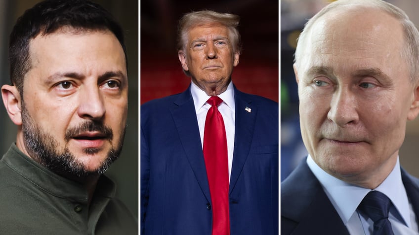 left to right split: Zelenskyy, Trump, and Putin