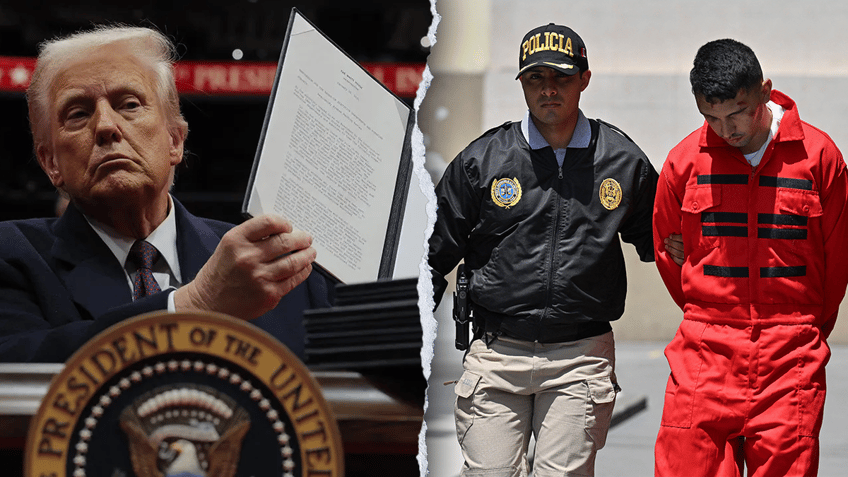 Trump holding up executive order, left; Tren de Aragua member arrested, right