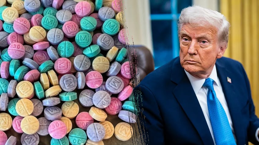  Fentanyl pills discovered by the DEA, left, and President Donald Trump, right 