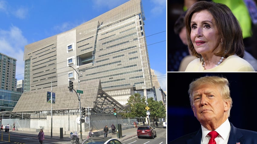 federal building, left; upper right - Rep. Pelosi, lower right President Trump