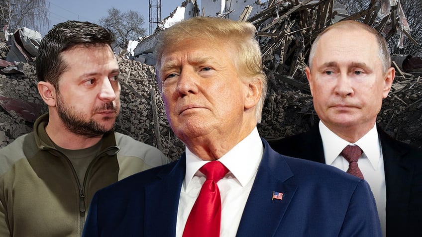 Trump, center, with Zelenskyy, Putin at left, right in photo composite