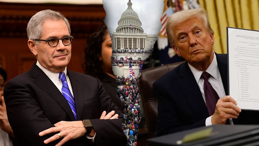 Philly DA, left; Trump at right, US Capitol middle in photo split