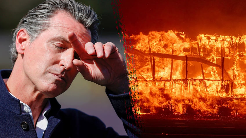 Governor Gavin Newsom, left, and LA wildfires, right