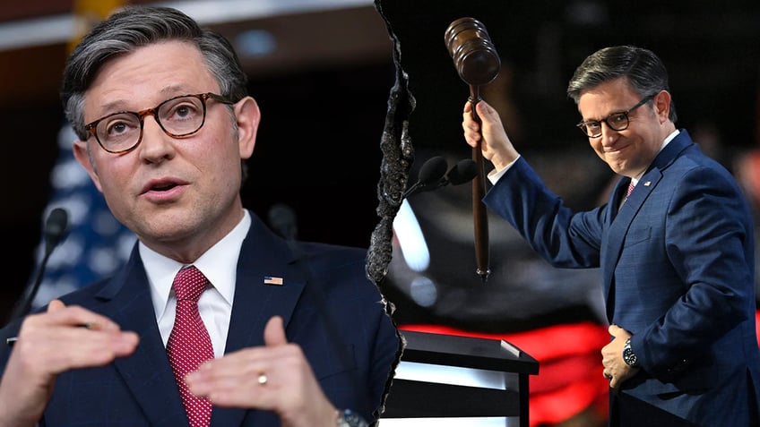 Mike Johnson in two photos, left a closeup, right holding gavel