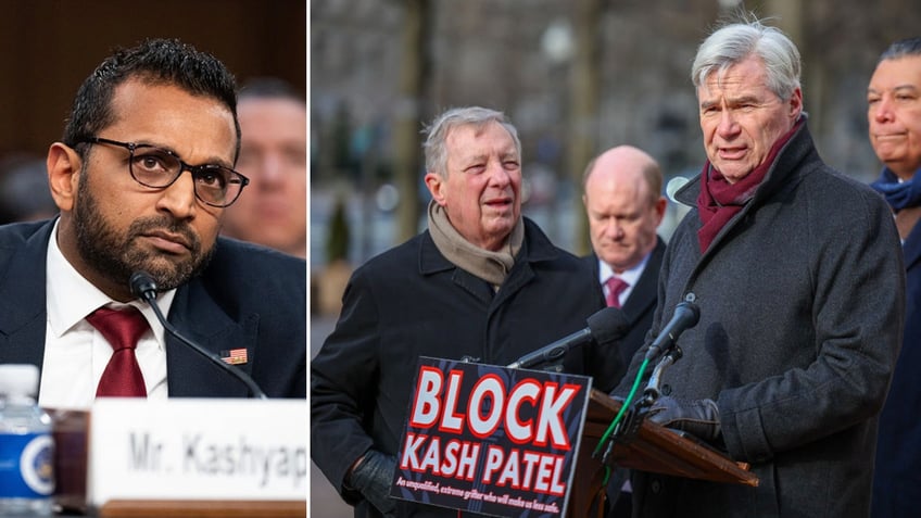 split: Kash Patel, left; Sens. Durbin, Whitehouse at protest, right