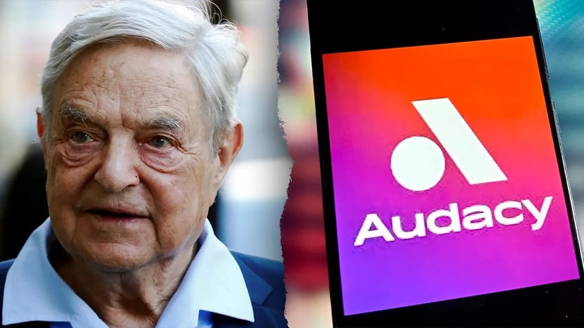 George Soros, left; Audacy logo, right