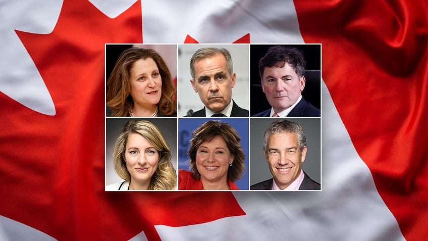 A six-photo collage of potential replacements for Canadian Prime Minister Justin Trudeau appears over the background of a Canadian flag.